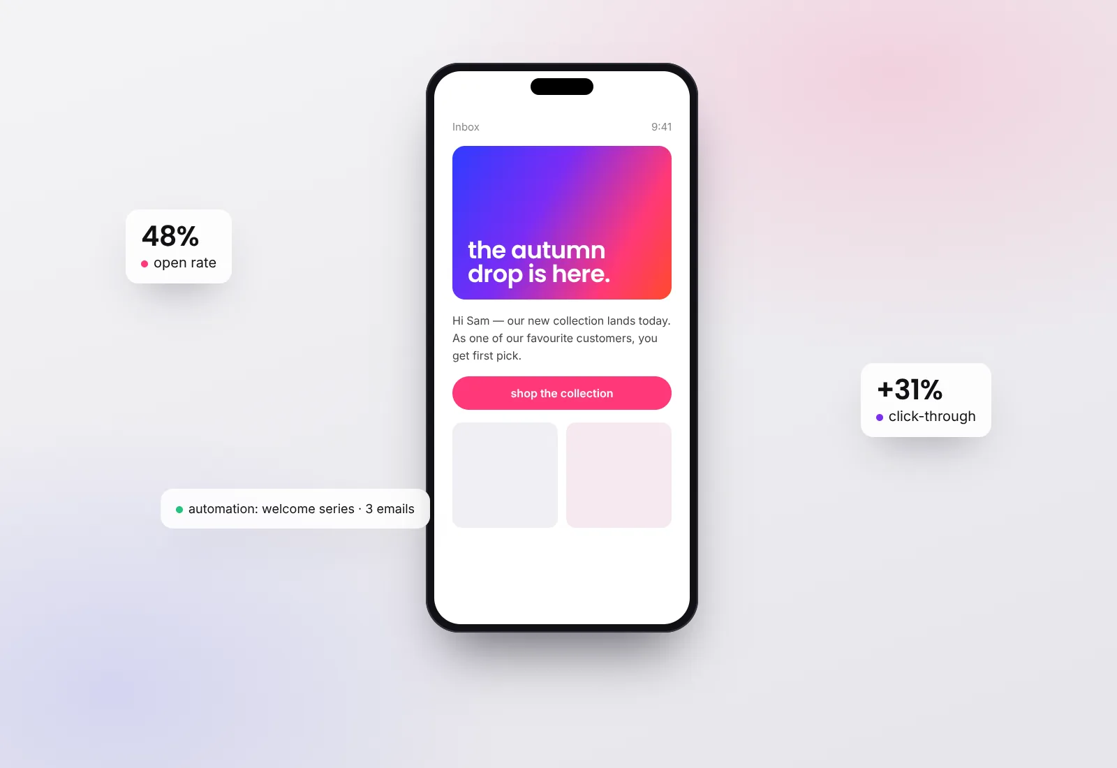 a phone showing a designed email newsletter with open and click rates