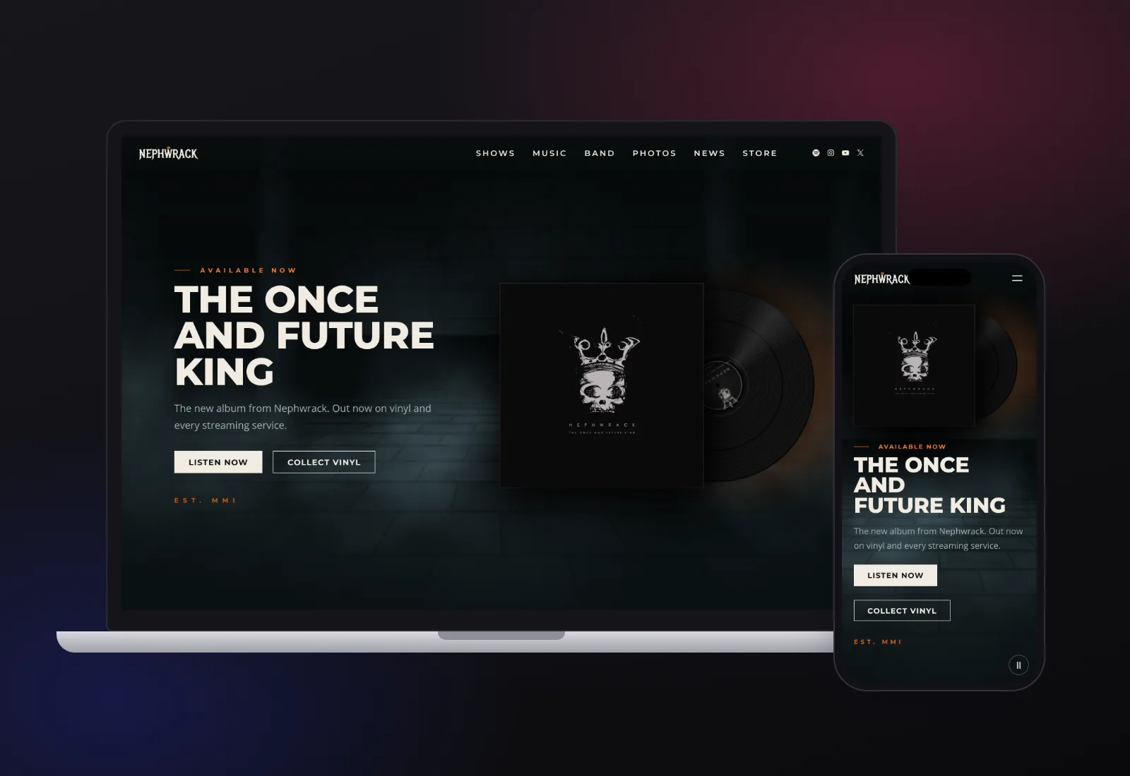 a laptop and phone showing a bespoke band website